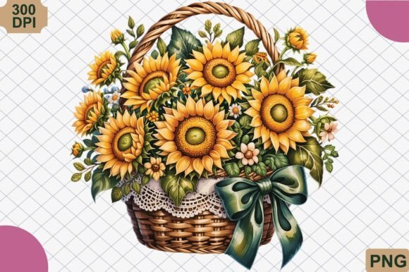 Floral Basket with Sunflowers Bow PNG: Elevating Rustic Design in the Digital Age