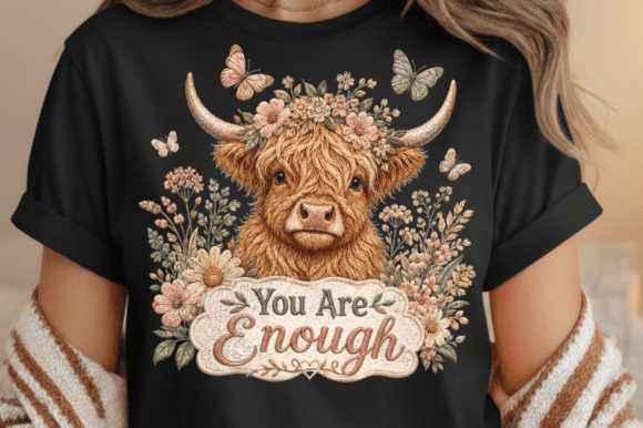 You Are Enough Floral Highland Cow PNG